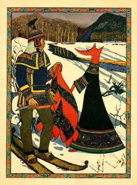 Illustration by Gennadii Pavlishin from a collection of Udihe folk tales (V. Kialundziuga, "Dva solntsa" (Khabarovsk, 1974)).
